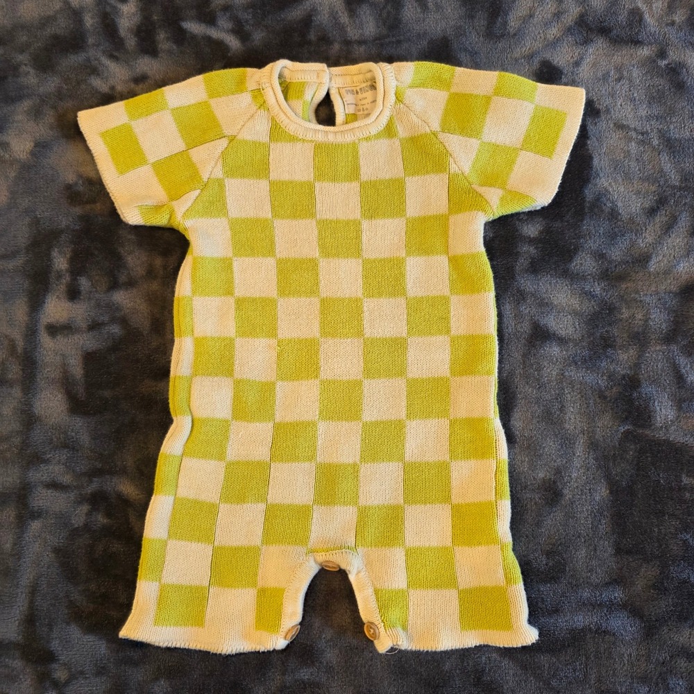 Fin & Vince Baby Knit Romper 6-12M Green Cream Checkered Short Sleeve One Piece